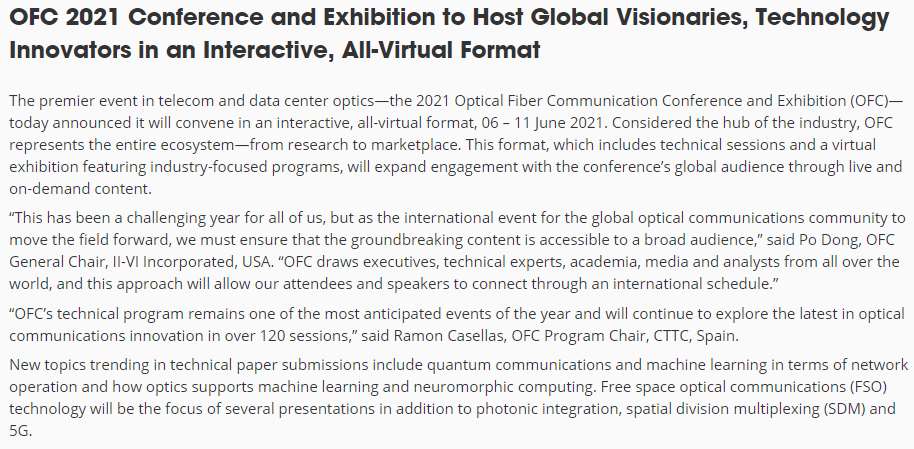 常州光通信盛會OFC 2021將完全通過線上舉行